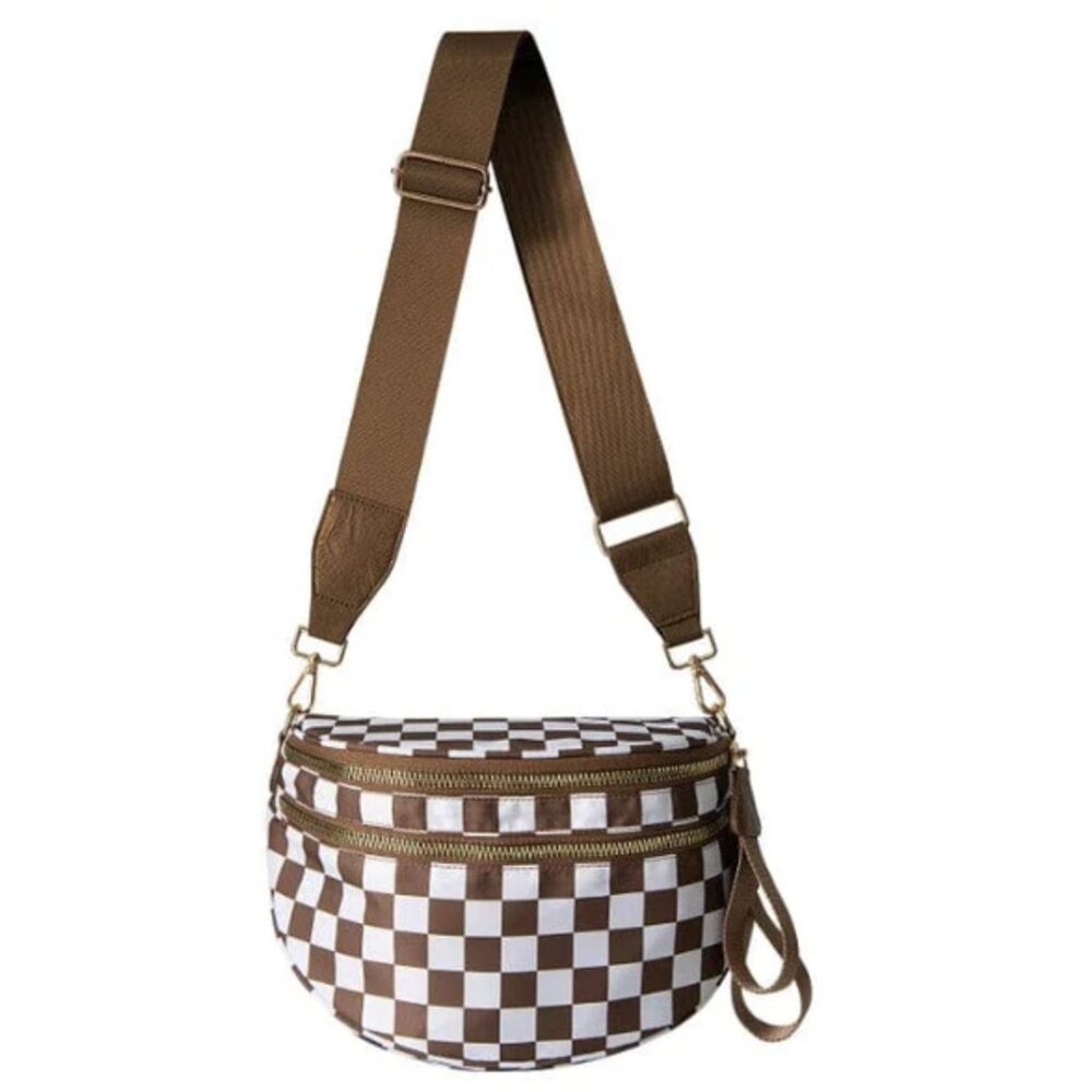 NWT Brown and White Nylon Checker and Solid Color Sling Crossbody Casual Bag